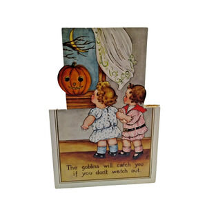 Whitney Halloween Postcard Diecut Standup Crescent Moon Fantasy Girl Boy Vintag